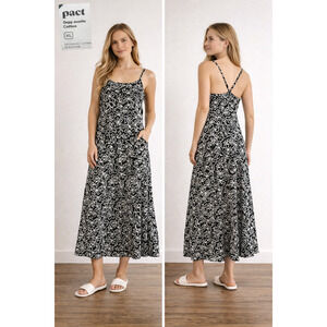 Pact Organic Cotton Midi Dress XL Black Floral Slip Vacation Resort Cottagecore